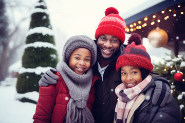 Fototapeta premium Closeup photo of cute family spending holly Christmas eve in decorated garland lights house near Chrismas tree outdoors