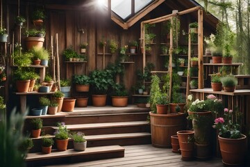 Fototapeta na wymiar The interior of spring yard. Patio of a wooden house with green plants in pots. Gardening on steps of house