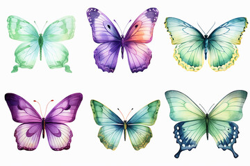 set of butterflies. Set of colorful butterflies isolated on white background. Watercolor illustration.