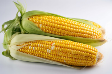 Ear of semi-peeled corn, on a white background. Generative AI.