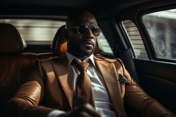 African American confident adult businessman sitting in luxury car, successful wealthy business man in suit and sunglasses. Business and finance concept