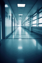 Interior of a defocused corridor of a Hospital. Generative AI.