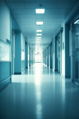 Interior of a defocused corridor of a Hospital. Generative AI.