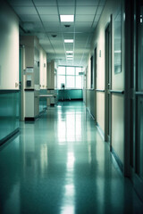 Obraz premium Interior of a defocused corridor of a Hospital. Generative AI.