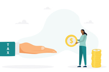 Businesswoman has to pay taxes - the concept of paying taxes. The girl is holding a coin. Vector flat style illustration.
