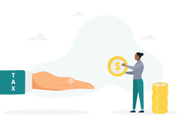 Businesswoman has to pay taxes - the concept of paying taxes. The girl is holding a coin. Vector flat style illustration.
