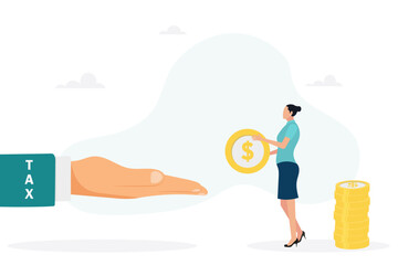 Fototapeta na wymiar Businesswoman has to pay taxes - the concept of paying taxes. The girl is holding a coin. Vector flat style illustration. 