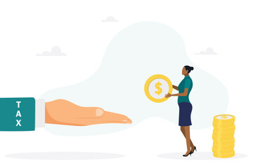 Businesswoman has to pay taxes - the concept of paying taxes. The girl is holding a coin. Vector flat style illustration.
