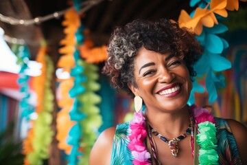 Portrait of smiling young woman wearing colorful hawaiian costume at outdoor party - obrazy, fototapety, plakaty