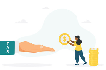 Businesswoman has to pay taxes - the concept of paying taxes. The girl is holding a coin. Vector flat style illustration.

