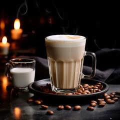 drink coffee and milk dark background cappuccino pouring in the air created with Generative Ai