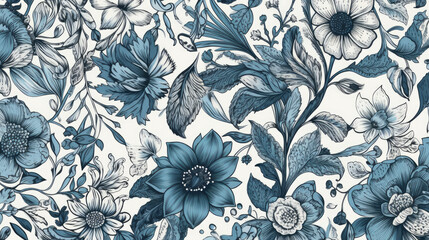 flower design leaf floral vintage illustration white blue pattern background seamless.