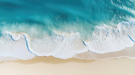 Fototapeta na wymiar Overhead photo of crashing waves on the shoreline beach. Tropical beach surf. Abstract aerial ocean view