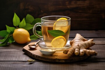 Lemon and ginger root tea in glass on wooden table top.