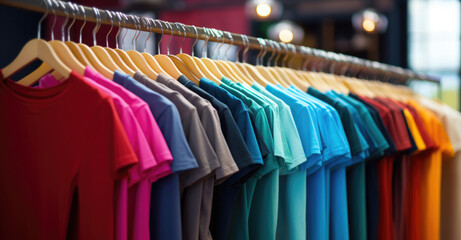 Fototapeta premium plain t-shirts of different colors hang on a hanger, store interior blur