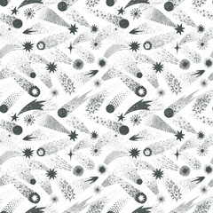 Seamless doodle-style pattern with hand-drawn black shooting stars on white. Ideal for backgrounds, textiles, wallpapers, packaging and scrapbooking