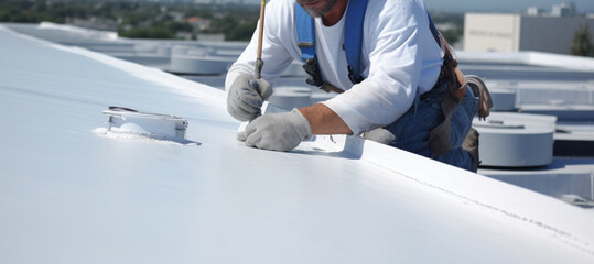 Worker applies an insulation coating on the concrete surface of a rooftop. Repairman fixing a leaking roof or deck by applying waterproofing solution. Generative AI