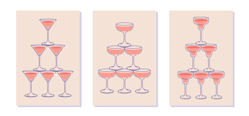 Cocktail glasses pyramid cards set. Sparkling wine, champagne flute, cocktail tower postcard for web and print. Party invitation with glass tower line art vector illustration.