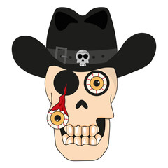 Halloween Creepy Skull in trendy retro Y2K style in cowboy hat in modern retro isolated on white background. Happy Halloween banner in Vintage style for website with horror symbol. Vector Art. 