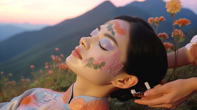  Surreal abstract woman portrait in traditional Chinese attire on background of mountains adorned with vibrant flowers. Traditional chinese massage promotion banner Gu asha. Generative Ai content.