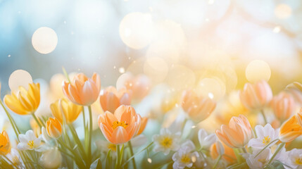 Fresh spring flowers with beautiful bokeh circles, banner format, copy space. Minimal creative concept.