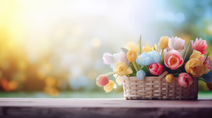 Basket of tulips with beautiful bokeh circles, banner format, copy space. Minimal creative concept.