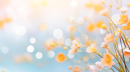 Fresh spring flowers with beautiful bokeh circles, banner format, copy space. Minimal creative concept.