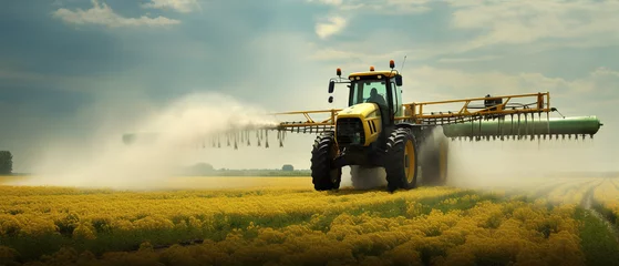 Foto op Aluminium Tractor spraying pesticides fertilizer on soybean crops farm field © Tony A