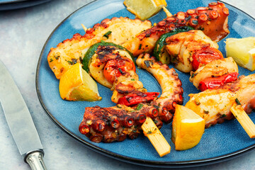 Seafood kebabs, octopus on skewers.