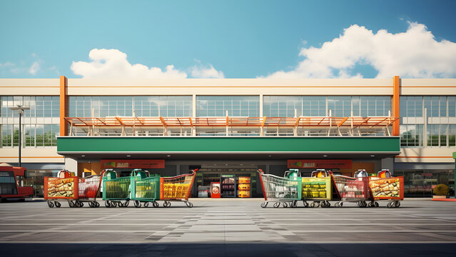 Supermarket Outside view with Cart aligned in frnot