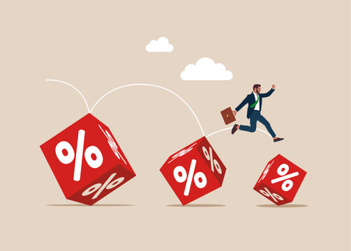 Businessman jumping from on smaller cube block with percentage symbol icon . Reduced interest, financial and mortgage rates. Modern vector illustration in flat style. 