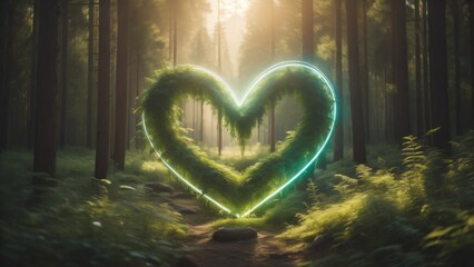 Colorful fantasy heart, light beam, green forest field