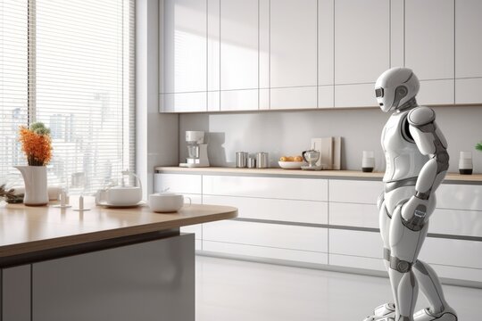 Autonomous service robot with system artificial intelligence AI as butler or cook in the kitchen, is doing the homework like cooking , smart home 