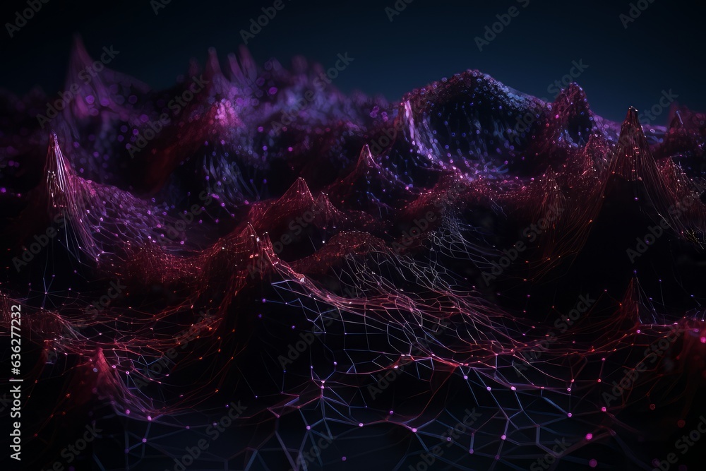 Poster abstract background with futuristic purple polygonal waves from dots and lines ai