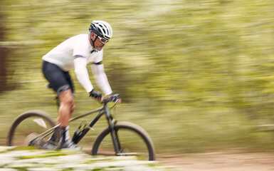 Nature mockup, bicycle or sports man travel, ride and journey on freedom adventure, extreme...