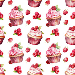 Seamless pattern with watercolor raspberry and cupcake isolated on white background.