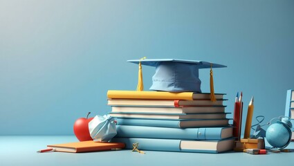  Academic Books, Accoutrements, and Graduation Cap on Soft Blue Background, Featuring Open Space - Powered by Adobe