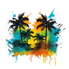 Tropical island and turquoise sea water around it. Tropical paradise sand beach. Summer vacation concept color ink painting illustration. Isolated cutout on transparent background.