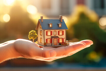 Human hand holds a miniature house or home model, new house, property insurance concept. Mortgage, home loan concept by house in hand. Generative AI - obrazy, fototapety, plakaty