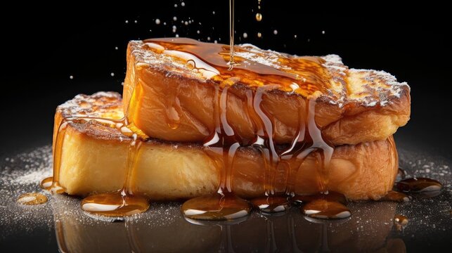 french toast with melted maple syrup and fruit topping on it, black background and blur