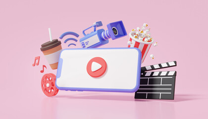 Smartphone modern streaming playing video with movie camera floating food popcorn box trophy cup award idea multimedia entertainment media creative, clapper board elements, 3d render