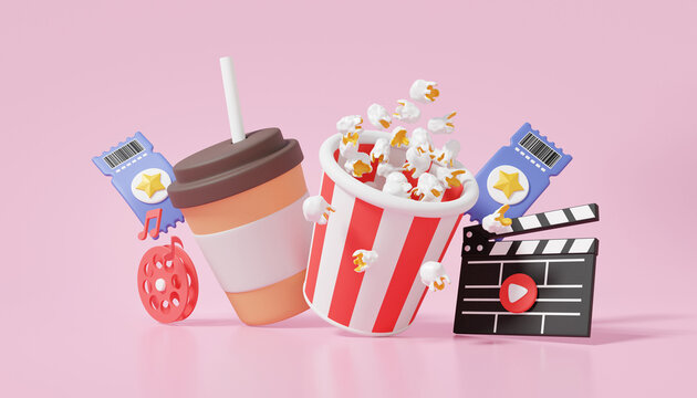 Popcorn box paper bucket red white striped paper cup with coffee cups floating on pink background. delicious party fast food products movie entertainment clapper board elements. 3d render illustration