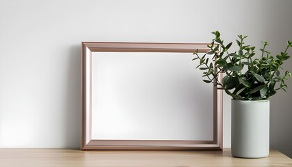 Empty horizontal frame mockup in modern minimalist interior with plant in trendy vase on white wall background. Template for artwork, photo or poster. Real photograph