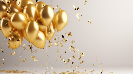 gold balloons with confetti on a gray paper background, a celebration banner