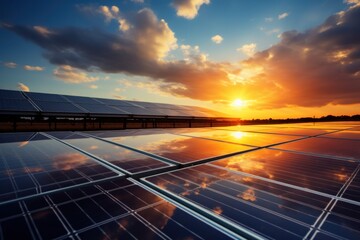 Solar panel and sunset, photovoltaic, alternative electricity source - the concept of sustainable resources