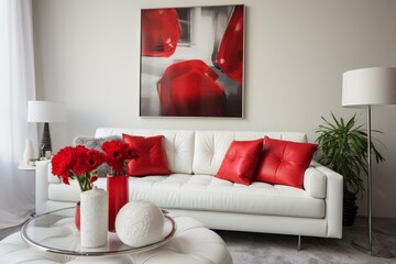 A bright white couch adorned with vibrant red accents. Generative AI