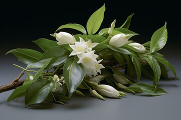 Fragrant vanilla pods, delicate white blossom, and three fresh green leaves. Generative AI