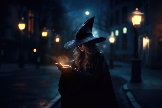 A Beautiful Young Witch In A Magical Cap And Gown In The Middle Of A Night Street With Lanterns. The Witch Is Holding A Smartphone That Lights Up Her Face.