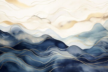 Sophisticated abstract mountain aesthetic with watercolor wallpaper and golden wavy lines. Serene blue tones evoke luxury, ideal for banners, wall art, and invitations. Generative AI