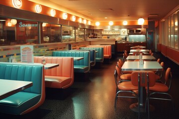 A retro restaurant displaying indoor seating arrangements. Generative AI
